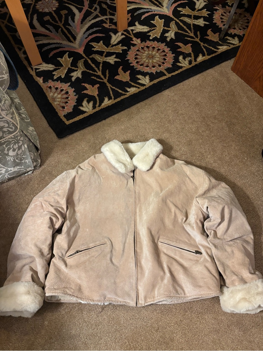 Wilsons Leather Vintage Beige Suede Pilots Flight Jacket Women's XL Sherpa Lined